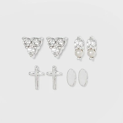 Sterling Silver Cubic Zirconia Stud Cross Earring Set 4pc - A New Day™ Silver 4 Sterling Silver Cubic Zirconia Stud Cross Earring Set 4pc - A New Day™ Silver - Image 2