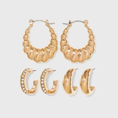 Multi-Texture Hoop Earring Trio Set - A New Day™ Gold 4 Multi-Texture Hoop Earring Trio Set - A New Day™ Gold - Image 2