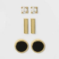 Sterling Silver with Clear Cubic Zirconia and Gold Onyx Bar Stud Earring Set 3pc - A New Day™ Gold 5 Sterling Silver with Clear Cubic Zirconia and Gold Onyx Bar Stud Earring Set 3pc - A New Day™ Gold -A New Day popular shop unnamed file 1049