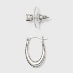 Sterling Silver Cubic Zirconia Oval Tapered Hoop Earring Set 2pc - A New Day™ Silver