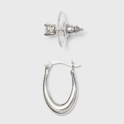 Sterling Silver Cubic Zirconia Oval Tapered Hoop Earring Set 2pc - A New Day™ Silver 3 Sterling Silver Cubic Zirconia Oval Tapered Hoop Earring Set 2pc - A New Day™ Silver