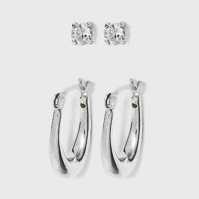 Sterling Silver Cubic Zirconia Oval Tapered Hoop Earring Set 2pc - A New Day™ Silver 4 Sterling Silver Cubic Zirconia Oval Tapered Hoop Earring Set 2pc - A New Day™ Silver - Image 2