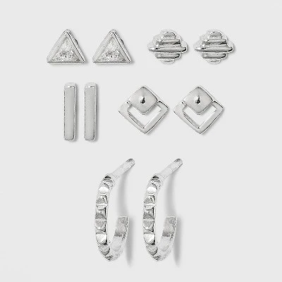 Sterling Silver with Cubic Zirconia Geometric Stud Earring Set 5pc - A New Day™ Silver 4 Sterling Silver with Cubic Zirconia Geometric Stud Earring Set 5pc - A New Day™ Silver - Image 2