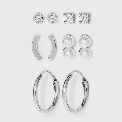 Sterling Silver Double Pearl and Cubic Zirconia Hoop Stud Earring Set 5pc - A New Day™ Silver 4 Sterling Silver Double Pearl and Cubic Zirconia Hoop Stud Earring Set 5pc - A New Day™ Silver - Image 2