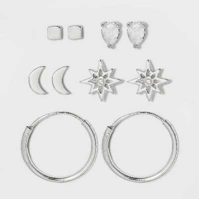 Sterling Silver with Cubic Zirconia Star, Moon, Tear Drop and Endless Hoop Stud Earring Set 5pc - A New Day™ Silver 4 Sterling Silver with Cubic Zirconia Star, Moon, Tear Drop and Endless Hoop Stud Earring Set 5pc - A New Day™ Silver - Image 2