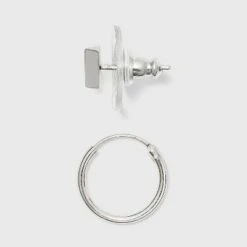 Sterling Silver Glass and Cubic Zirconia Bar Quint Stud Earring Set 5pc - A New Day™ Silver