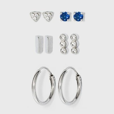 Sterling Silver Glass and Cubic Zirconia Bar Quint Stud Earring Set 5pc - A New Day™ Silver 4 Sterling Silver Glass and Cubic Zirconia Bar Quint Stud Earring Set 5pc - A New Day™ Silver - Image 2