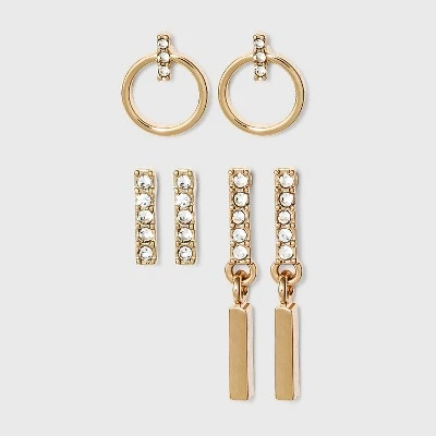 Small Hoop Linear Drop Bar Stud Earring Set 3pc - A New Day™ Gold 4 Small Hoop Linear Drop Bar Stud Earring Set 3pc - A New Day™ Gold - Image 2