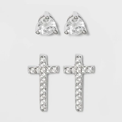 Sterling Silver Cubic Zirconia Round Stud and Cross Earring Set - A New Day™ Silver 4 Sterling Silver Cubic Zirconia Round Stud and Cross Earring Set - A New Day™ Silver - Image 2