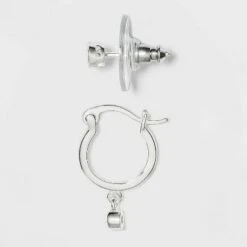 Sterling Silver Cubic Zirconia Hoop Stud Earring Set 2pc - A New Day™ Silver