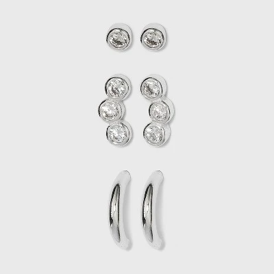 Sterling Silver Cubic Zirconia Stud and Hoop Earring Set 3pc - A New Day™ Silver 4 Sterling Silver Cubic Zirconia Stud and Hoop Earring Set 3pc - A New Day™ Silver - Image 2