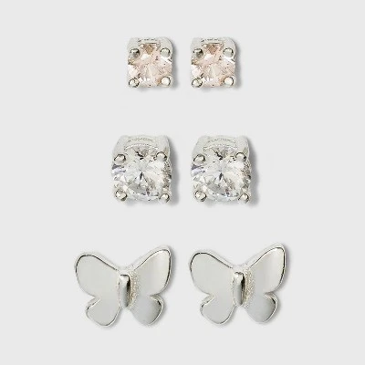 Sterling Silver Cubic Zirconia and Butterfly Stud Earring Set 3pc - A New Day™ Silver 4 Sterling Silver Cubic Zirconia and Butterfly Stud Earring Set 3pc - A New Day™ Silver - Image 2