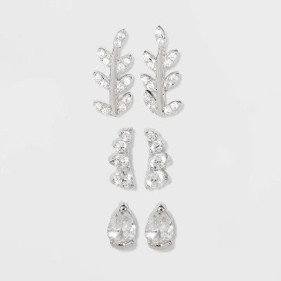 Sterling Silver Cubic Zirconia Leaf, Crawler and Teardrop Stud Earring Set 3pc - A New Day™ Silver 4 Sterling Silver Cubic Zirconia Leaf, Crawler and Teardrop Stud Earring Set 3pc - A New Day™ Silver - Image 2