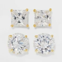 Gold Over Sterling Silver Princess and Round Cubic Zirconia Stud Earring Set 2pc - A New Day™ Gold/Clear 7 Gold Over Sterling Silver Princess and Round Cubic Zirconia Stud Earring Set 2pc - A New Day™ Gold/Clear -A New Day popular shop unnamed file 1210