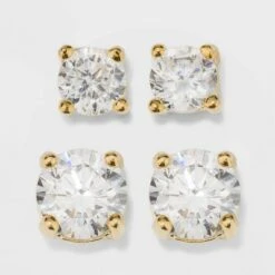 Gold Over Sterling Silver Round Cubic Zirconia Stud Fine Jewelry Earring Set 2pc - A New Day™ Gold/Clear -A New Day popular shop unnamed file 1216