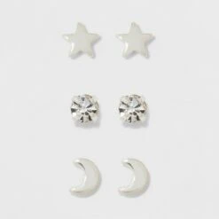 Pair of Star, Moon, and Cubic Zirconia Button Stud Earring Set 3pc - A New Day™ Silver -A New Day popular shop unnamed file 1246