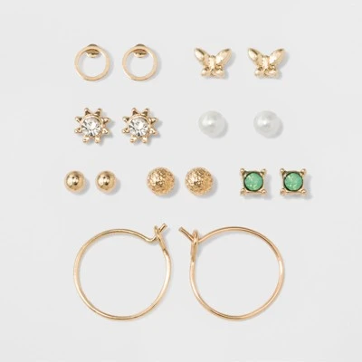 Two Spheres, Two Circles, Flower, Pearl, Green Stone & Bow Stud Earring Set 8pc - A New Day™ Gold 4 Two Spheres, Two Circles, Flower, Pearl, Green Stone & Bow Stud Earring Set 8pc - A New Day™ Gold - Image 2