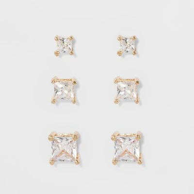 Women's Fashion Trio Crystal Square Stud Earring Set 3pc - A New Day™ Silver/Gold 4 Women's Fashion Trio Crystal Square Stud Earring Set 3pc - A New Day™ Silver/Gold - Image 2