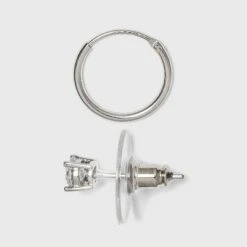 Women's Sterling Silver Crystal Fireball Stud Earrings and Endless Hoop Earring Set 3pc - A New Day™ Silver/Clear