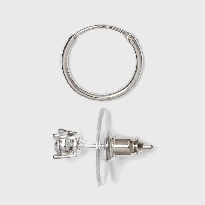 Women's Sterling Silver Crystal Fireball Stud Earrings and Endless Hoop Earring Set 3pc - A New Day™ Silver/Clear 3 Women's Sterling Silver Crystal Fireball Stud Earrings and Endless Hoop Earring Set 3pc - A New Day™ Silver/Clear