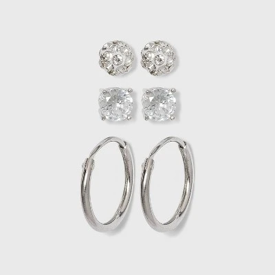Women's Sterling Silver Crystal Fireball Stud Earrings and Endless Hoop Earring Set 3pc - A New Day™ Silver/Clear 4 Women's Sterling Silver Crystal Fireball Stud Earrings and Endless Hoop Earring Set 3pc - A New Day™ Silver/Clear - Image 2