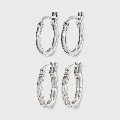 Women's Sterling Silver Tube and Square Cut Hoop Earring Set 2pc - A New Day™ Silver 4 Women's Sterling Silver Tube and Square Cut Hoop Earring Set 2pc - A New Day™ Silver - Image 2