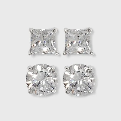 Sterling Silver Cubic Zirconia Duo Stud Earring Set 2pc - A New Day™ Clear 4 Sterling Silver Cubic Zirconia Duo Stud Earring Set 2pc - A New Day™ Clear - Image 2