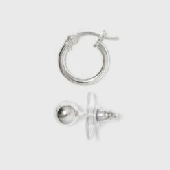 Sterling Cubic Zirconia Silver Ball Studs and Hoop Trio Earring Set - A New Day™ Silver