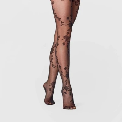 Women's Viney Floral Tights - A New Day™ Honey Beige/black 4 Women's Viney Floral Tights - A New Day™ Honey Beige/black - Image 2
