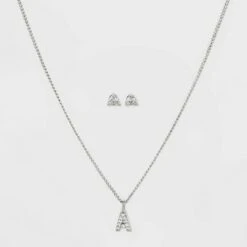 Silver Plated Cubic Zirconia Initial Chain Pendant Necklace and Earring Set - A New Dayâ„¢