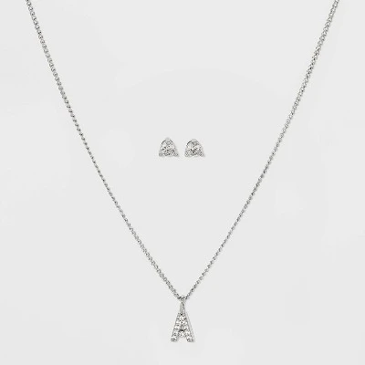 Silver Plated Cubic Zirconia Initial Chain Pendant Necklace and Earring Set - A New Day™ 3 Silver Plated Cubic Zirconia Initial Chain Pendant Necklace and Earring Set - A New Day™