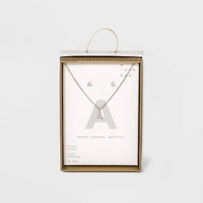 Silver Plated Cubic Zirconia Initial Chain Pendant Necklace and Earring Set - A New Day™ 6 Silver Plated Cubic Zirconia Initial Chain Pendant Necklace and Earring Set - A New Day™ - Image 4