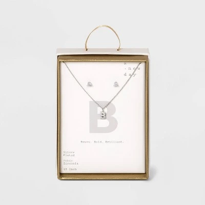 Silver Plated Cubic Zirconia Initial Chain Pendant Necklace and Earring Set - A New Day™ 8 Silver Plated Cubic Zirconia Initial Chain Pendant Necklace and Earring Set - A New Day™ - Image 6