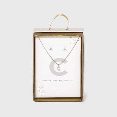 Silver Plated Cubic Zirconia Initial Chain Pendant Necklace and Earring Set - A New Day™ 9 Silver Plated Cubic Zirconia Initial Chain Pendant Necklace and Earring Set - A New Day™ - Image 7