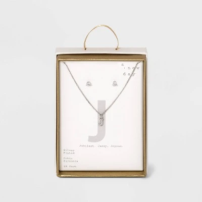 Silver Plated Cubic Zirconia Initial Chain Pendant Necklace and Earring Set - A New Day™ 16 Silver Plated Cubic Zirconia Initial Chain Pendant Necklace and Earring Set - A New Day™ - Image 14