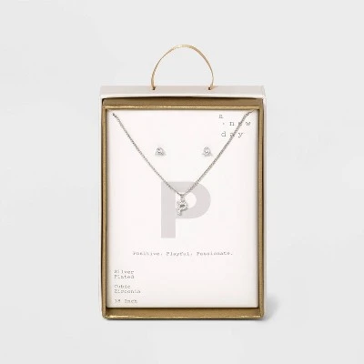 Silver Plated Cubic Zirconia Initial Chain Pendant Necklace and Earring Set - A New Day™ 22 Silver Plated Cubic Zirconia Initial Chain Pendant Necklace and Earring Set - A New Day™ - Image 20