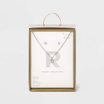 Silver Plated Cubic Zirconia Initial Chain Pendant Necklace and Earring Set - A New Day™ 24 Silver Plated Cubic Zirconia Initial Chain Pendant Necklace and Earring Set - A New Day™ - Image 22