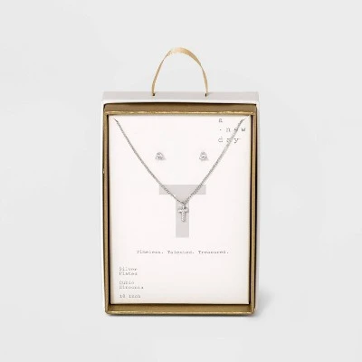 Silver Plated Cubic Zirconia Initial Chain Pendant Necklace and Earring Set - A New Day™ 26 Silver Plated Cubic Zirconia Initial Chain Pendant Necklace and Earring Set - A New Day™ - Image 24