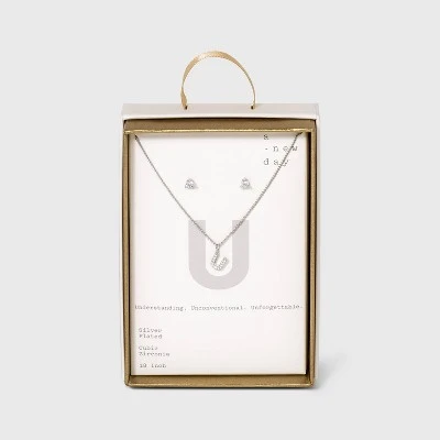 Silver Plated Cubic Zirconia Initial Chain Pendant Necklace and Earring Set - A New Day™ 27 Silver Plated Cubic Zirconia Initial Chain Pendant Necklace and Earring Set - A New Day™ - Image 25