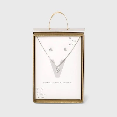 Silver Plated Cubic Zirconia Initial Chain Pendant Necklace and Earring Set - A New Day™ 28 Silver Plated Cubic Zirconia Initial Chain Pendant Necklace and Earring Set - A New Day™ - Image 26