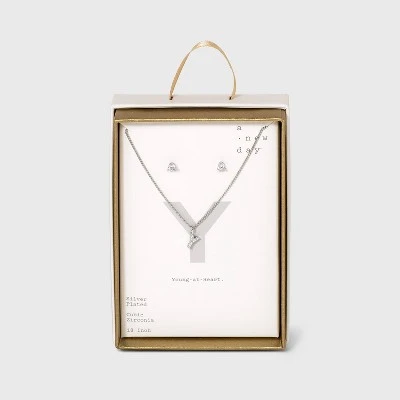 Silver Plated Cubic Zirconia Initial Chain Pendant Necklace and Earring Set - A New Day™ 31 Silver Plated Cubic Zirconia Initial Chain Pendant Necklace and Earring Set - A New Day™ - Image 29