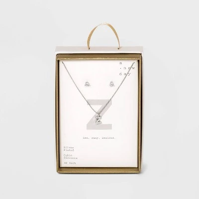 Silver Plated Cubic Zirconia Initial Chain Pendant Necklace and Earring Set - A New Day™ 32 Silver Plated Cubic Zirconia Initial Chain Pendant Necklace and Earring Set - A New Day™ - Image 30