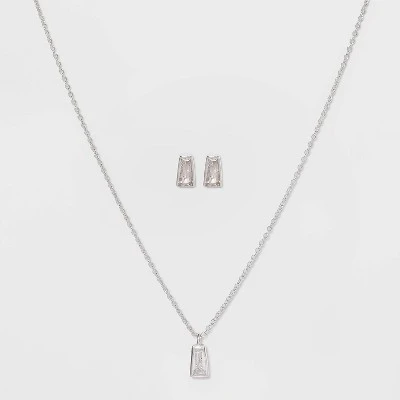 Sterling Silver Rectangle Cubic Zirconia Pendant Necklace Earring Set - A New Day™ Metallic Silver 6 Sterling Silver Rectangle Cubic Zirconia Pendant Necklace Earring Set - A New Day™ Metallic Silver - Image 4
