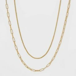 Silver Plated Gold Dipped Link Chain Duo Necklace - A New Day™ Worn Gold