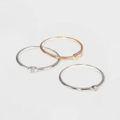 Sterling Silver with Cubic Zirconia Two-Tone Modern Multi Shape Stacking Ring Set 3pc - A New Dayâ„¢