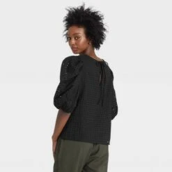Women's Short Puff Sleeve Eyelet Top - A New Day™