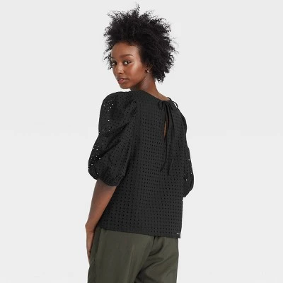 Women's Short Puff Sleeve Eyelet Top - A New Day™ 3 Women's Short Puff Sleeve Eyelet Top - A New Day™