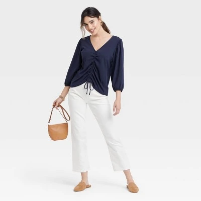 Women's Puff 3/4 Sleeve V-Neck Front Ruched Top - A New Day™ 4 Women's Puff 3/4 Sleeve V-Neck Front Ruched Top - A New Day™ - Image 2