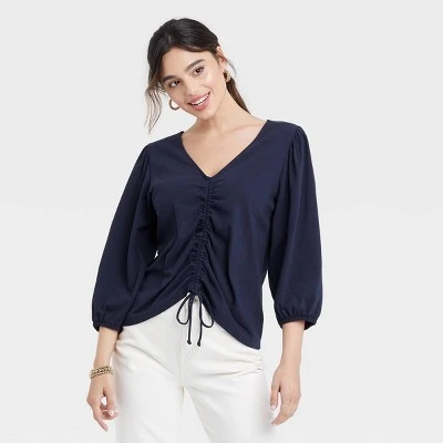 Women's Puff 3/4 Sleeve V-Neck Front Ruched Top - A New Day™ 5 Women's Puff 3/4 Sleeve V-Neck Front Ruched Top - A New Day™ - Image 3