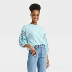 Women's Long Sleeve Round Neck Eyelet Top - A New Day™ -A New Day popular shop unnamed file 3813